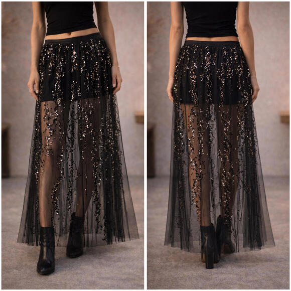 NWT Y2K Black Sequin Sheer Pleated Maxi Skirt Low Rise Party Evening Statement - Picture 2 of 10